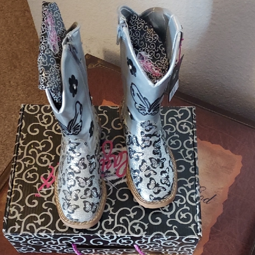 Blazin Roxx Silver Kids Boots with Black Patterns